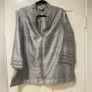 Neiman Marcus Exclusive vintage silver silk tunic top beaded evening blouse